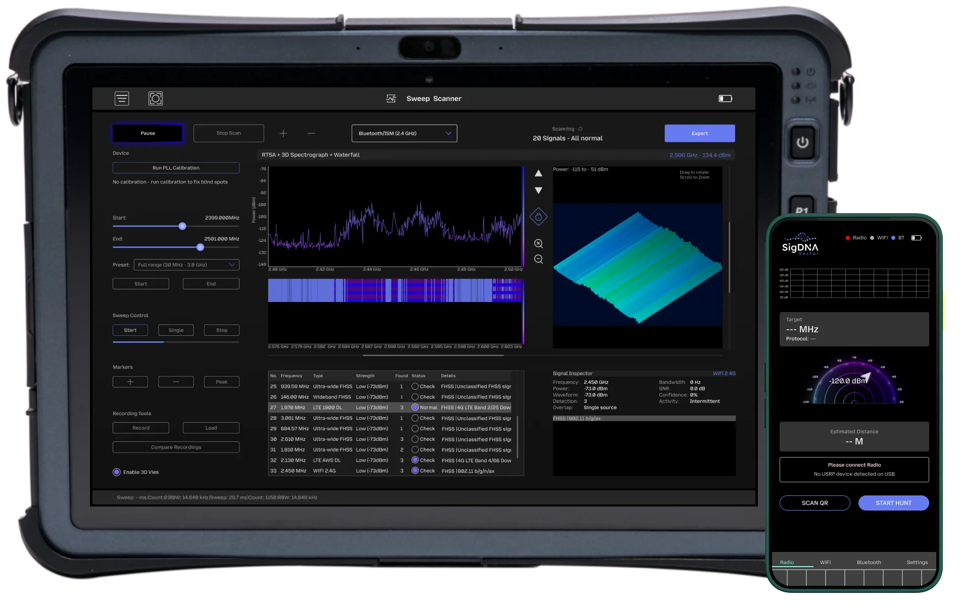 SigDNA rugged tablet Sweep Scanner interface alongside the SigDNA Vector handheld app