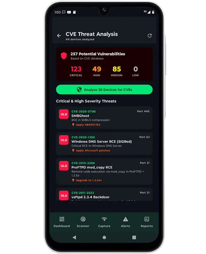 Net Shield CVE threat analysis showing vulnerability counts