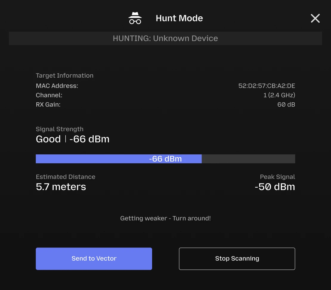 SigDNA Hunt Mode targeting a detected device, ready to send to Vector